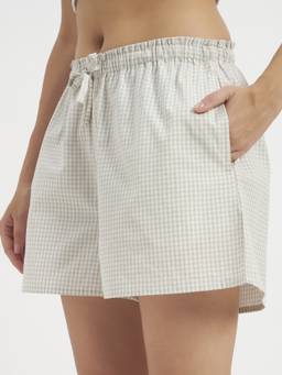SHEWEST - Ivory Women's Beige Checked Cotton Shorts with Elastic Waistband