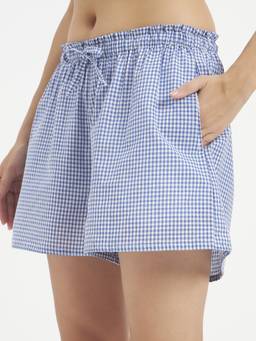 SHEWEST - Women'S Blue Checked Cotton Shorts with Elastic Waistband
