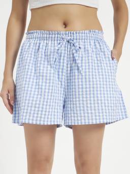 SHEWEST - Women'S Blue Checked Cotton Shorts with Drawstring Waist