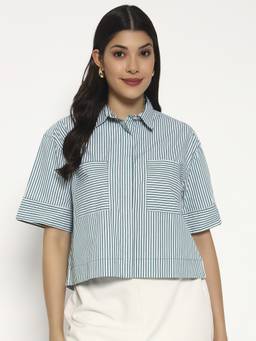 SHEWEST - Women Green Striped Boxy Fit Short Shirt