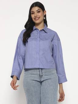 SHEWEST - Women Blue Striped Boxy Fit Short Shirt