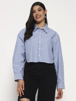 SHEWEST - Women Blue Striped Oversized Fit Short Shirt