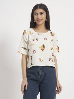 SHEWEST - Women Ivory Printed Boxy Fit Crop Top