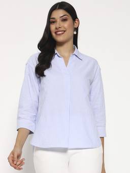 SHEWEST - Women Blue Striped Regular Fit Short Shirt