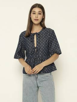 SHEWEST - Women Navy Blue Polka Dot Regular Fit Top
