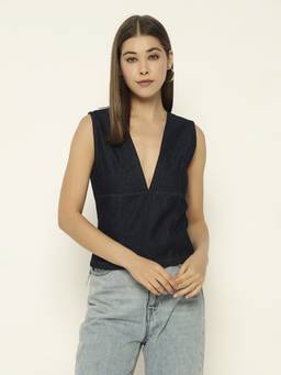 SHEWEST - Women Blue Denim V-Neck Regular Fit Top