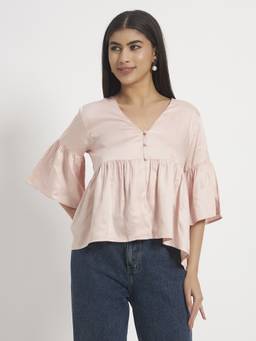 SHEWEST - Women Pink V-Neck Top