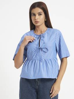 SHEWEST - Women Blue Striped Peplum Top