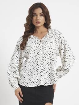 SHEWEST - Women Off White Polka Dot Tie-Up Neck Top