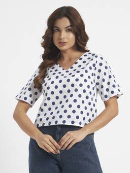 SHEWEST - Women White Polka Dot V-Neck Regular Fit Top