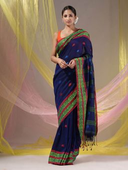 CHARUKRITI - Royal Blue Cotton Handloom Soft Nakshi Border Saree with Unstitched Blouse