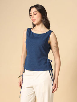 Globus - Blue Waist Tie-Ups Sleeveless Textured Top