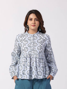 STIL-O-STITCH - Blue Cotton Canvas Printed Top
