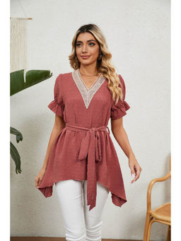 Outzidr - Rust Ruffle Hem V Neck Longline Top with Belt