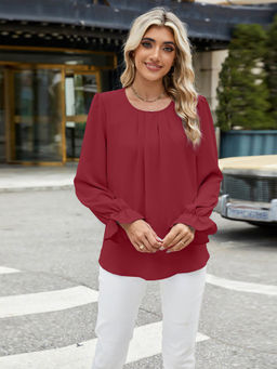 Outzidr - Red Bishop Sleeves Round Neck Solid Top