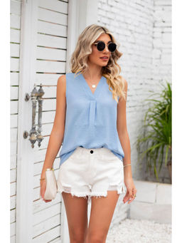 Outzidr - Blue Sleeveless V Neck Solid Top