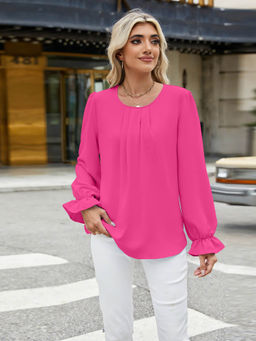 Outzidr - Pink Bishop Sleeves Round Neck Solid Top