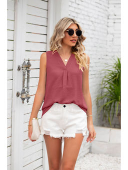 Outzidr - Pink Sleeveless V Neck Solid Top