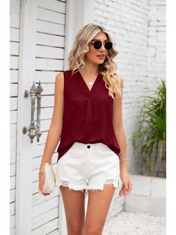 Outzidr - Maroon Sleeveless V Neck Solid Top