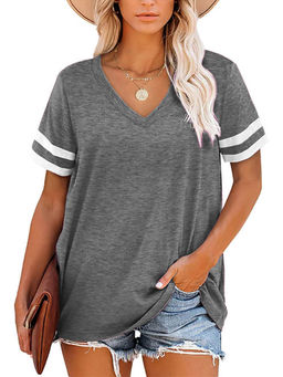 Outzidr - Grey Short Sleeves V Neck Top