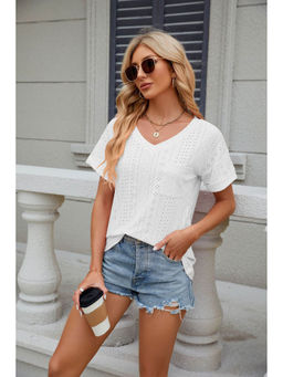 Outzidr - White Short Sleeves V Neck Top