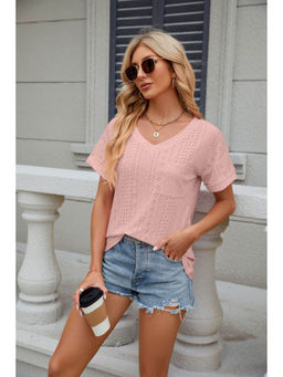 Outzidr - Pink Short Sleeves V Neck Top