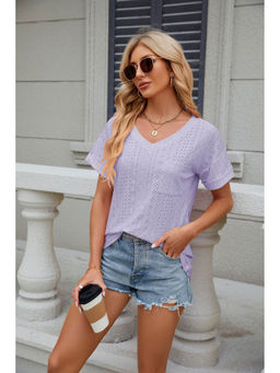 Outzidr - Lavender Short Sleeves V Neck Top