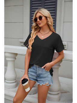 Outzidr - Black Short Sleeves V Neck Top