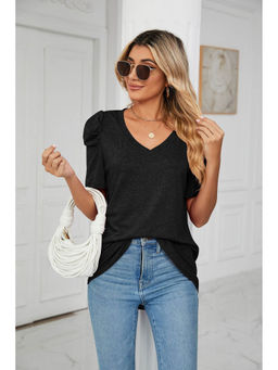 Outzidr - Black Puff Sleeves V Neck Top