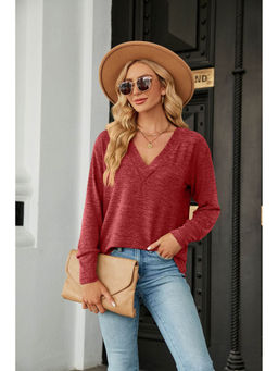 Outzidr - Red Full Sleeves V Neck Top
