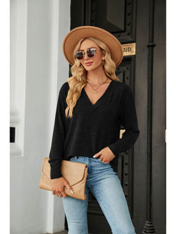 Outzidr - Black Full Sleeves V Neck Top