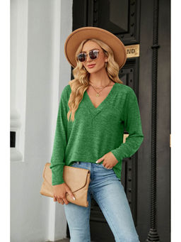 Outzidr - Green Full Sleeves V Neck Top