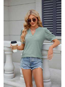Outzidr - Sea Green Puff Sleeves Mandarin Neck Top