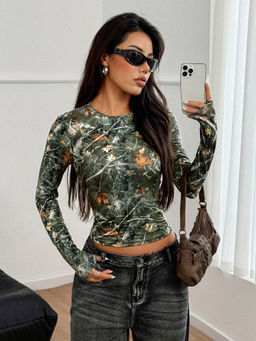 Outzidr - Green Abstract Print Full Sleeve Crop Top