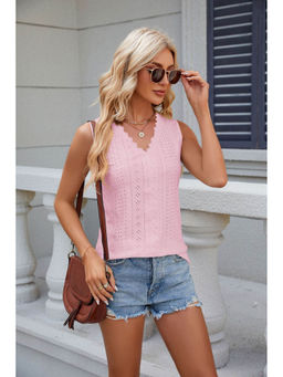 Outzidr - Pink Sleeveless Scallop Neckline Top
