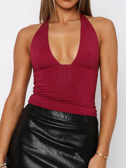 Outzidr - Red Halter Neck Shimmer Top