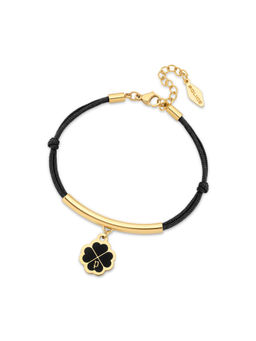 Police - Flora Clover Charm Black Enamel and Cord Gold Plated Bracelet for Women