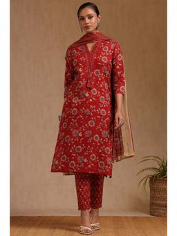 Soch - Women Red Floral Kurta with Pant and Dupatta (Set of 3)