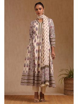 Soch - Women Beige Floral Anarkali Kurta with Pant and Dupatta (Set of 3)