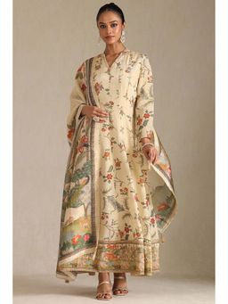 Soch - Women Beige Floral Anarkali Kurta with Dupatta (Set of 2)