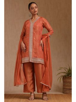 Soch - Women Rust Woven Kurta with Palazzo and Dupatta (Set of 3)