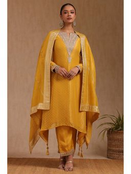 Soch - Women Mustard Woven Kurta with Pant and Dupatta (Set of 3)