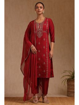 Soch - Women Red Embroidered Kurta with Pant and Dupatta (Set of 3)