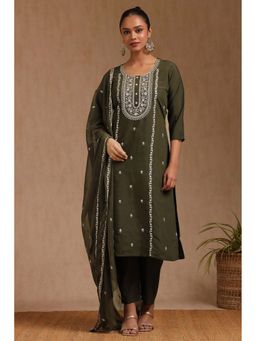 Soch - Women Olive Embroidered Kurta with Pant and Dupatta (Set of 3)