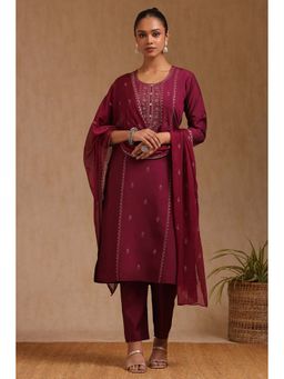 Soch - Women Wine Embroidered Kurta with Pant and Dupatta (Set of 3)