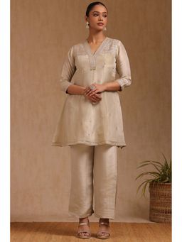 Soch - Women Beige Embroidered Kurta with Pant (Set of 2)
