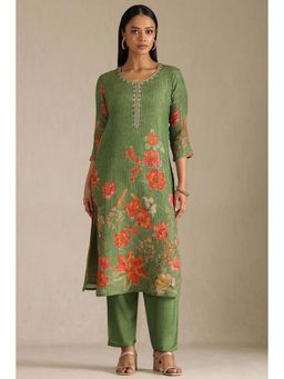 Soch - Women Green Floral Kurta with Pant (Set of 2)