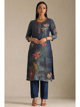 Soch - Women Navy Blue Floral Kurta with Pant (Set of 2)