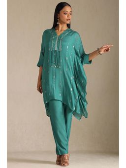 Soch - Women Teal Embroidered Kaftan with Inner and Pant (Set of 3)