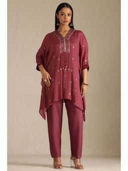 Soch - Women Maroon Embroidered Kaftan with Inner and Pant (Set of 3)